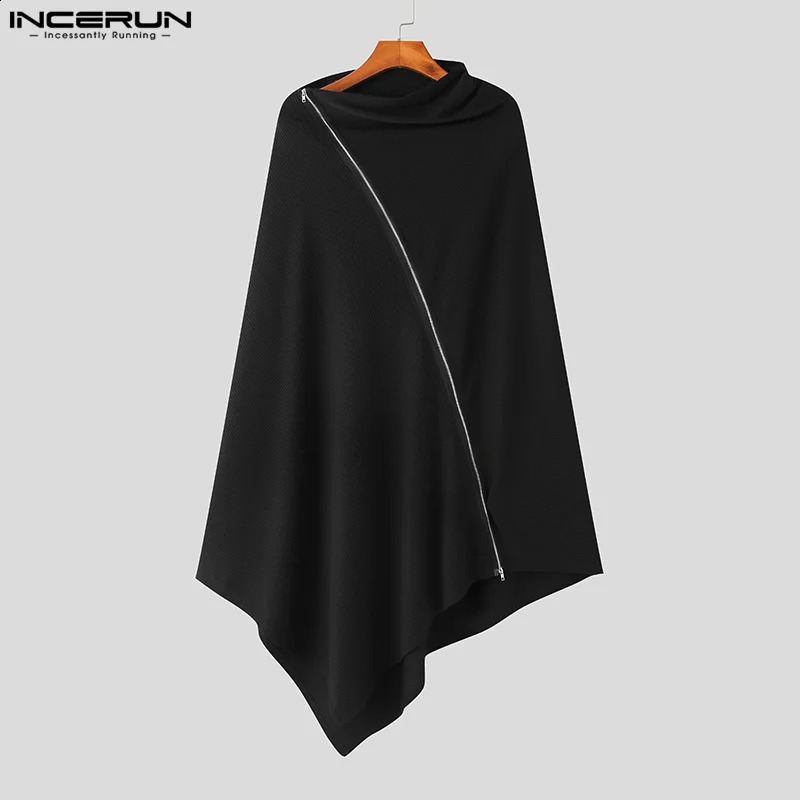 INCERUN Mens Cloak Coat Solid Color Turtle Neck Zipper Street Clothing Irregular Raincoat Fashion Casual Mens Long Trench S-5XL 241203