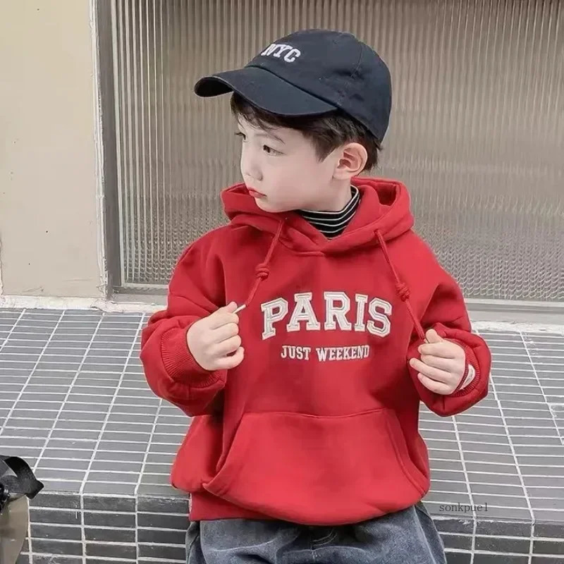 Winter Kids Fleece Thicken Hoodie Boys Long Sleeve Hooded Sweatshirts Young Children Clothing Autumn Girls Warm Letter Hoody 241202