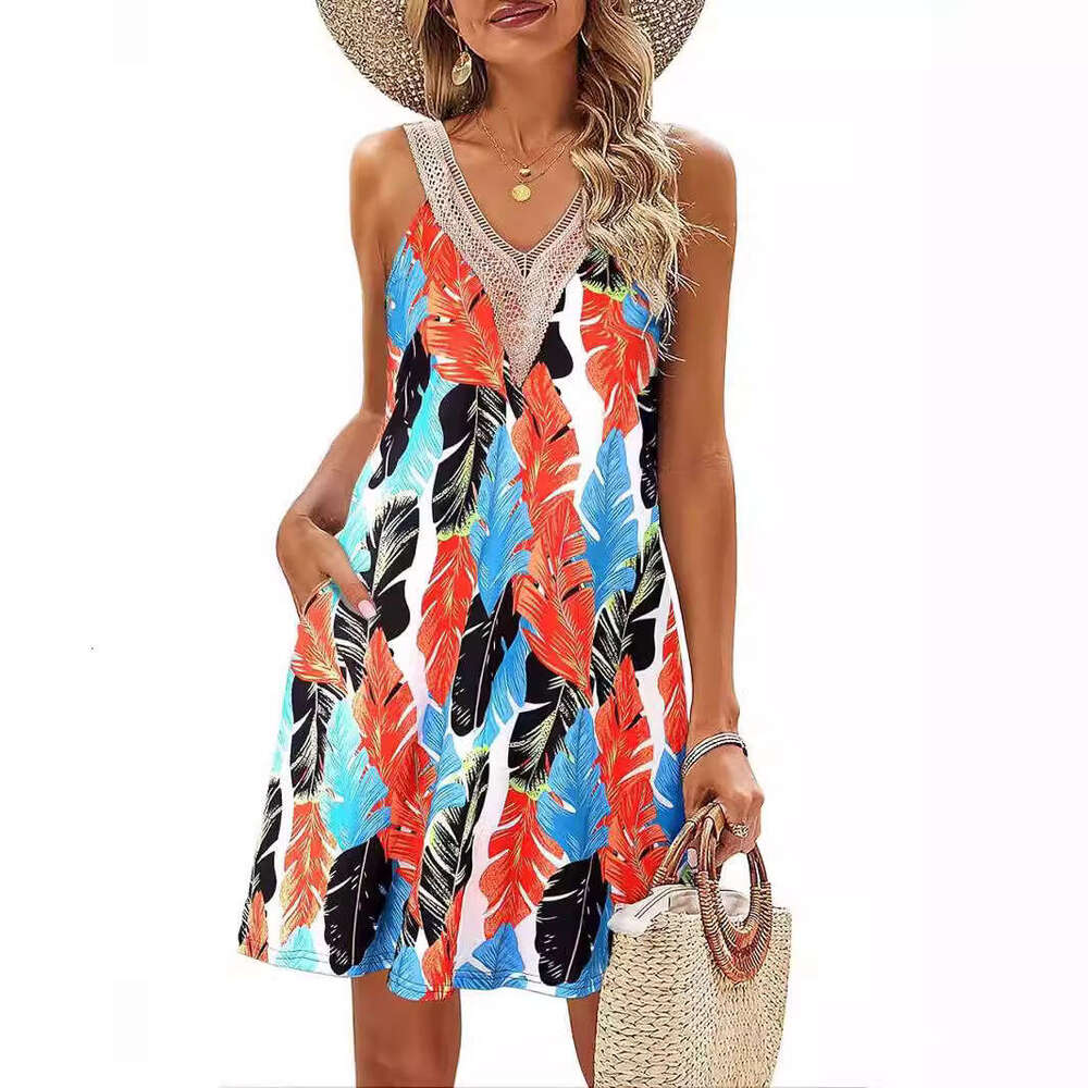24TEMUTK Summer Beach V-neck Tropical Casual Printed Sleeveless Dress