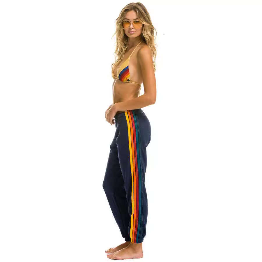European American Spring Autumn Rainbow Strip Women's Health Sports and Leisure Knitted Pants 2024 New Casual Versatile Fashion Clothing
