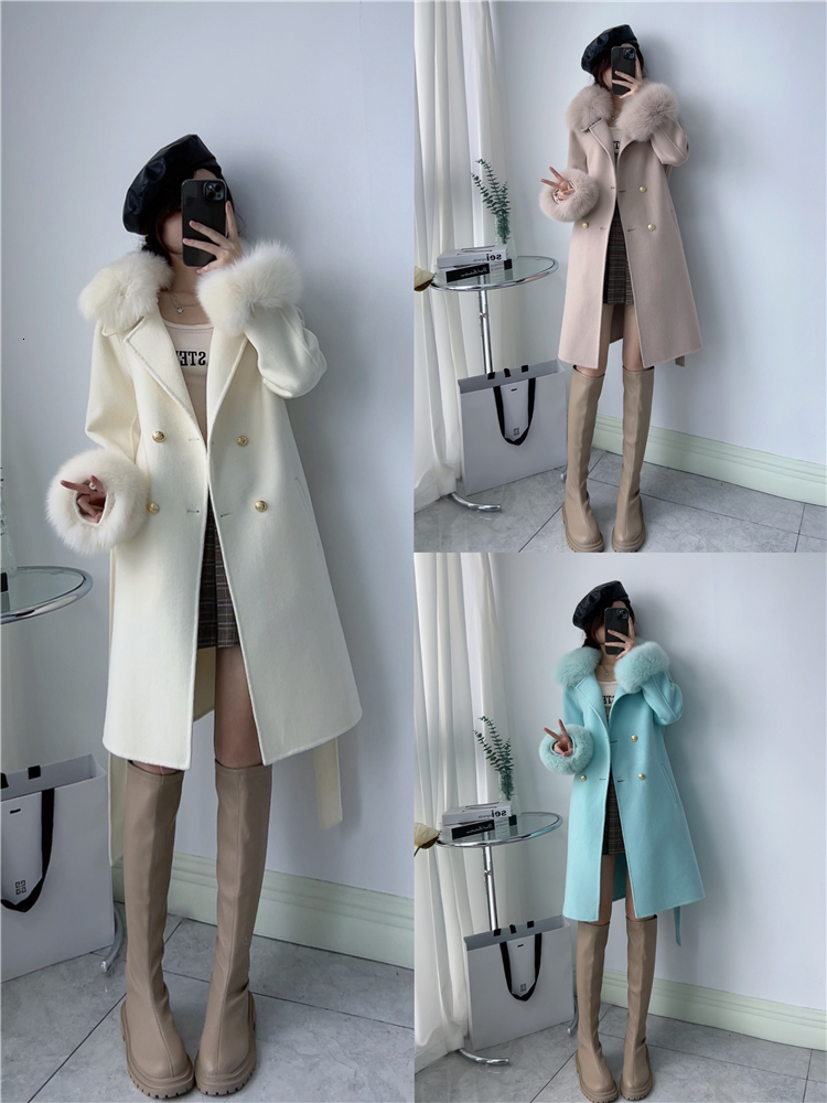 New autumn and winter fur coat for women double-sided woolen temperament woolen coat lace up double breasted fox fur collar 231026