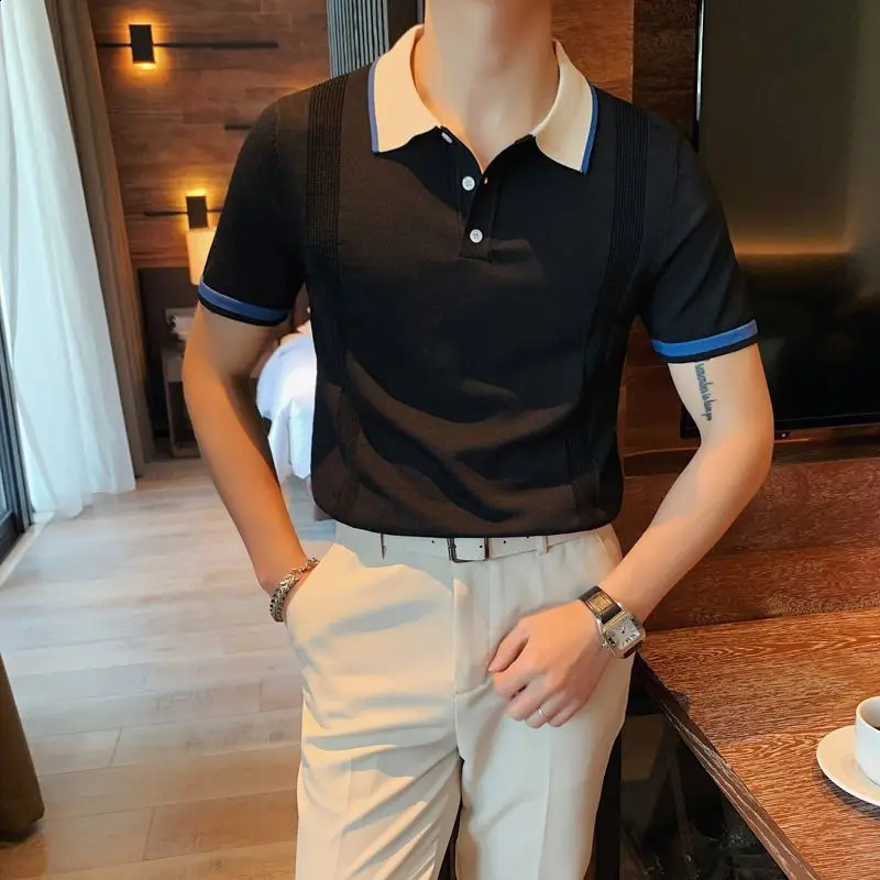 High quality Korean fashion trend panel polo shirt mens lapel button youthful and energetic casual edition short sleeved knitted top 241203