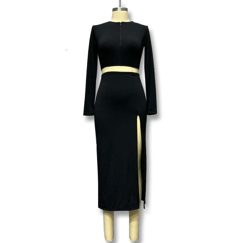 Hot selling women's fashion with exposed navel zipper, long sleeved high slit skirt, two-piece set for women