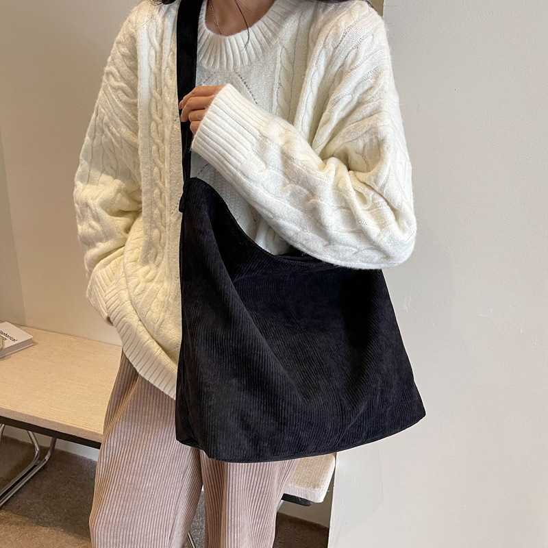 Large capacity fashionable simple artistic versatile trend crossbody shoulder bag corduroy solid color tote bag 241203