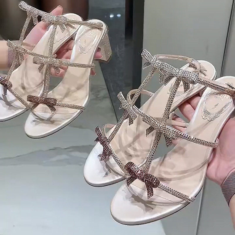 2024 Summer New RC Same Style Straw High Heels, Color Contrasting Water Diamond Butterfly Dew Toe Sandals, Women's Coarse Heels