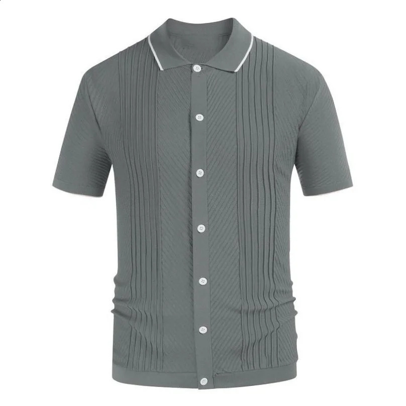 Mens clothing knitted short sleeved polo shirt casual streetwear lapel button open top breathable top summer knitted 241203