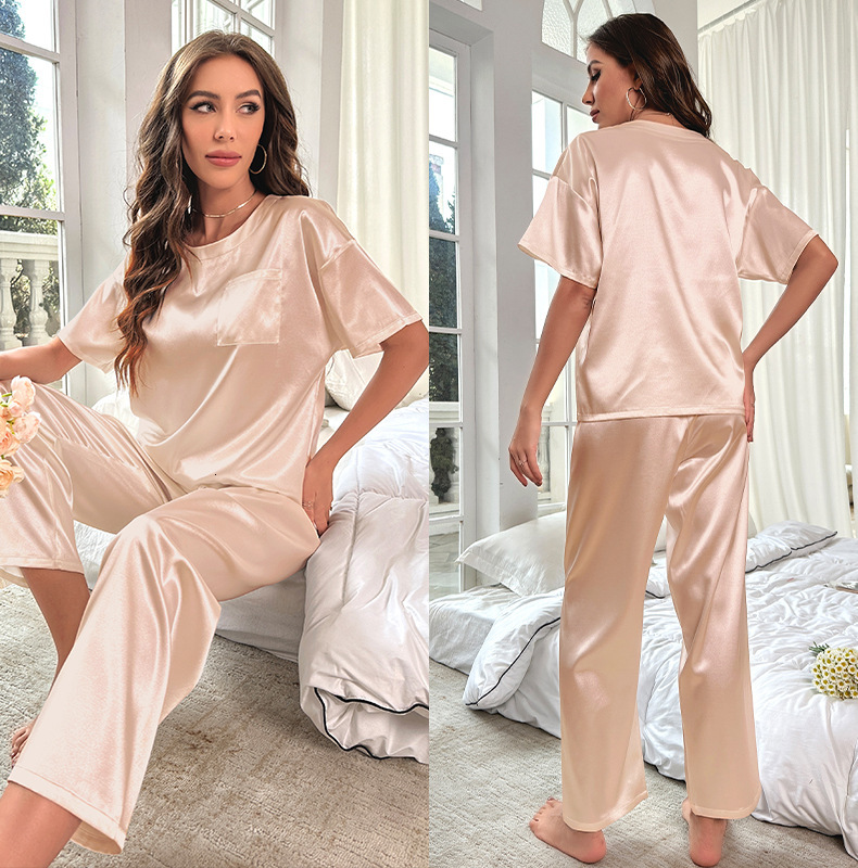 Fashion Designer Ice Silk Pajamas Women's Summer Short sleeved Pants Home Clothes Loose Casual Set 3147