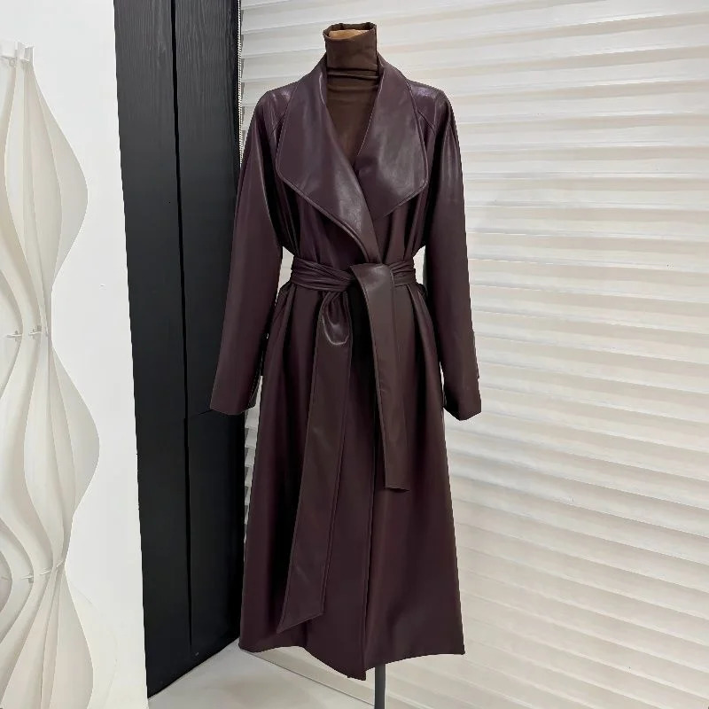 Women PU Leather Windbreaker Lapel Solid Color Belt Mid Length Trench Coat Vintage Cool Streetwear Clothes 241202
