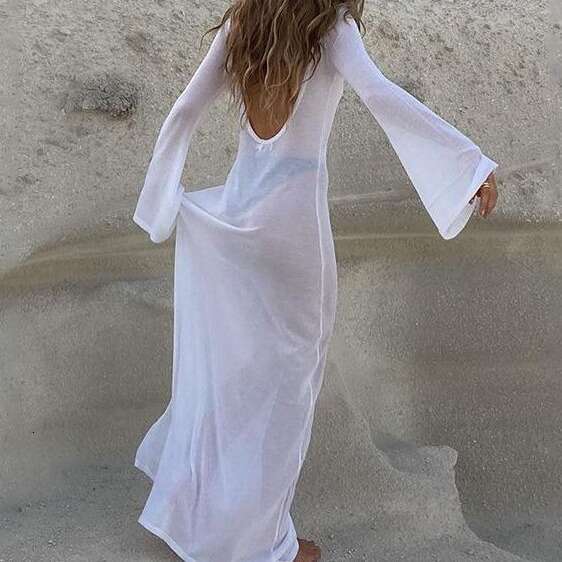 2023 summer new sexy backless sleeved see through mesh long dress