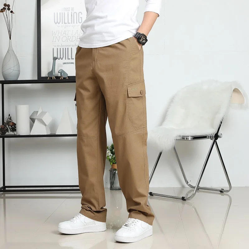 Large Size Men's Cargo Trousers Straight Leg Work Pant Men Loose Fit Cotton Wide Overalls Male Side Multi Pocket Plus Size 6XL Bottom