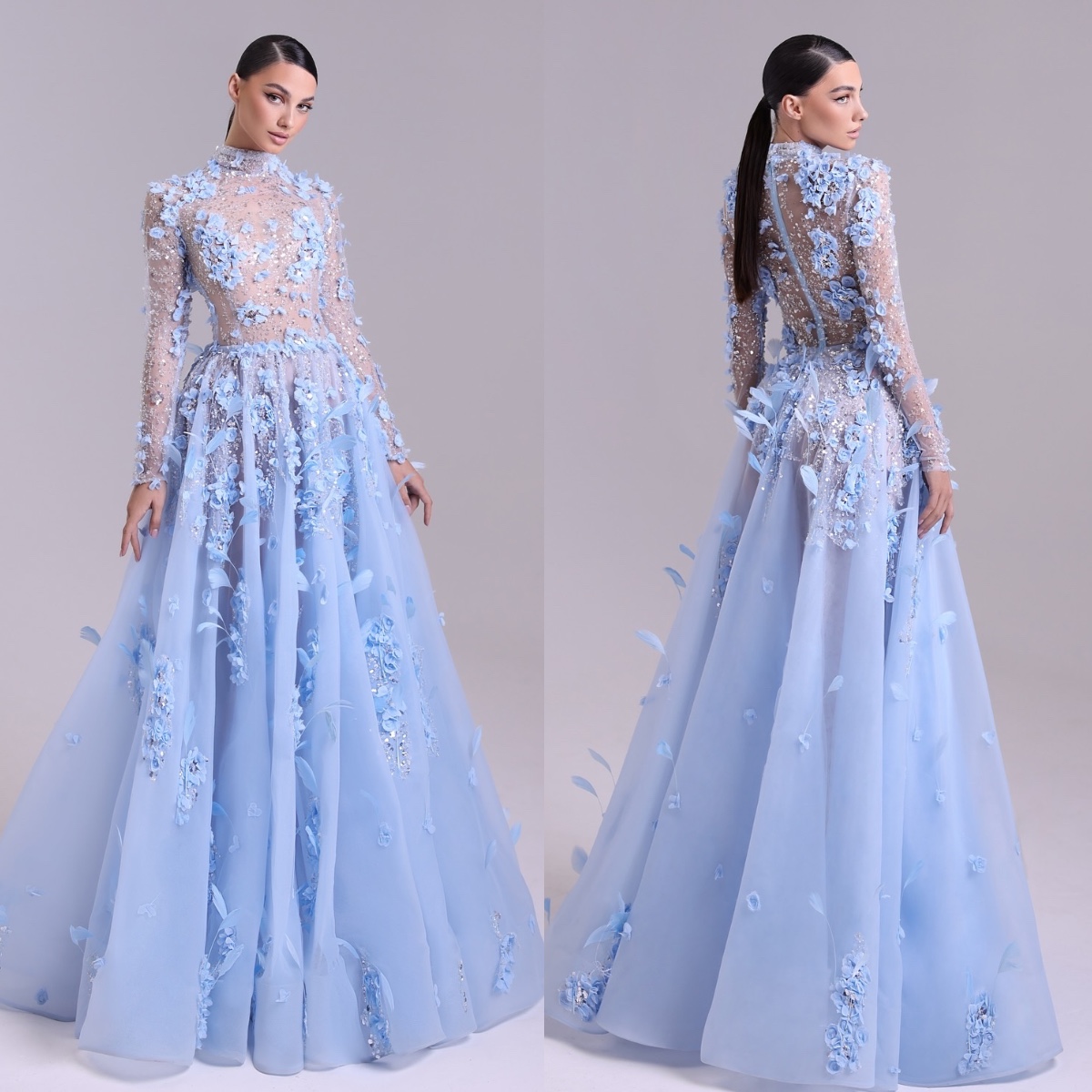 Gorgeous Baby Blue Appliqued Evening High Neck Illusion Long Sleeves Gala Women Or Length Dresses For Special Ocns 6660311