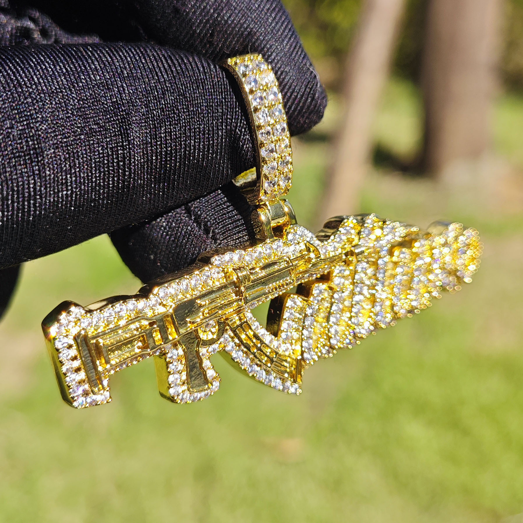 Hip Hop AK47 Gun Pendant Necklace 18K Gold Plated Colorful 5A Cubic Zirconia Rap Jewelry