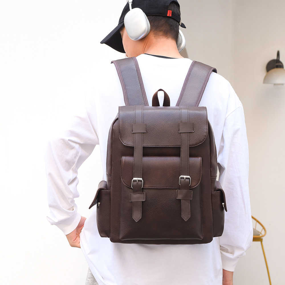 Large capacity soft PU leather backpack, casual business computer bag, student backpack, outdoor travel backpack 241203