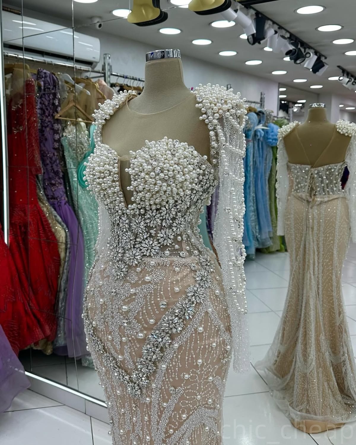 Ivory Illusion Mermaid Prom Dresses 2024 Pearls Rhinestones Evening Formal Party Second Birthday Engagement Gowns Plus Size Dress For Special Occasion