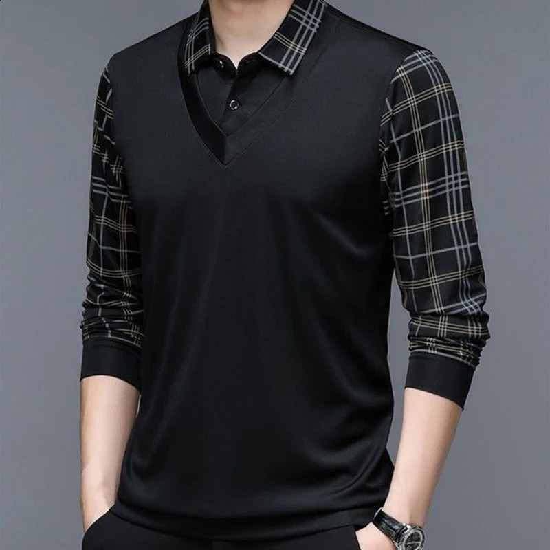 long sleeved polo mens T-shirt with loose collar and striped bottom fashionable and casual floral dress business button shirt 241203