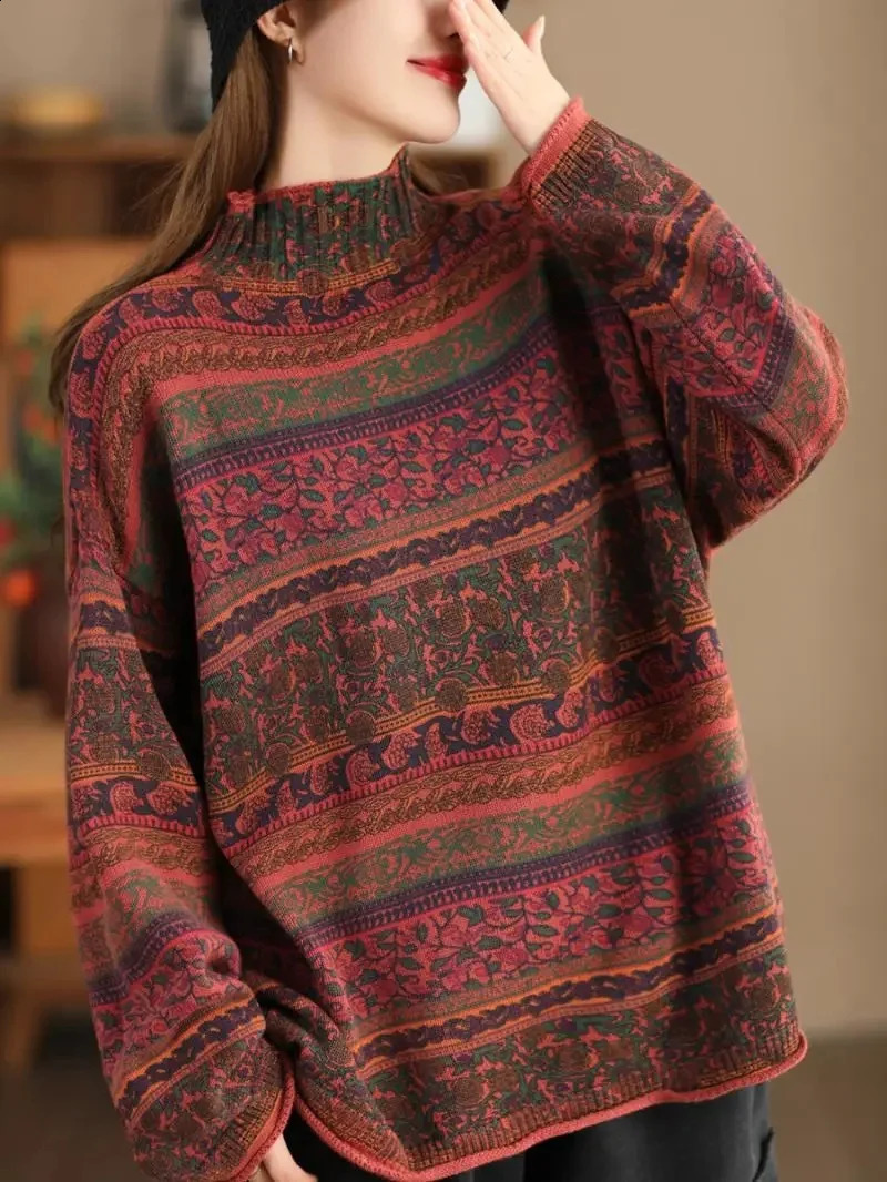 Vintage Mock Neck Womens Sweater Spring Autumn Loose Casual Women Pullover Knitted Sweaters 241203