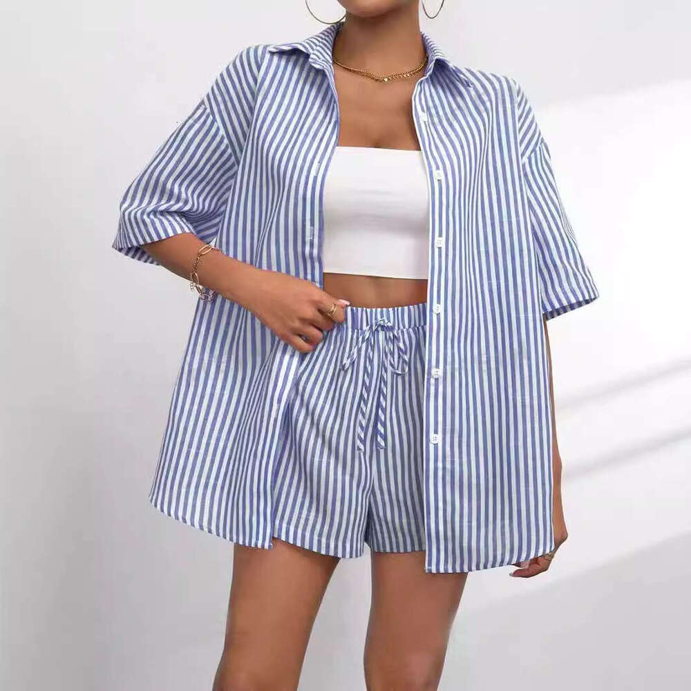 Fashion suit women's 2024 summer collar casual striped short sleeved pants, two pieces