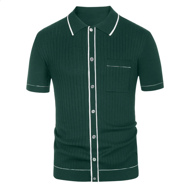 Mens clothing knitted polo shirt casual striped button solid color short sleeved mens breathable M-3XL T-shirt 241203