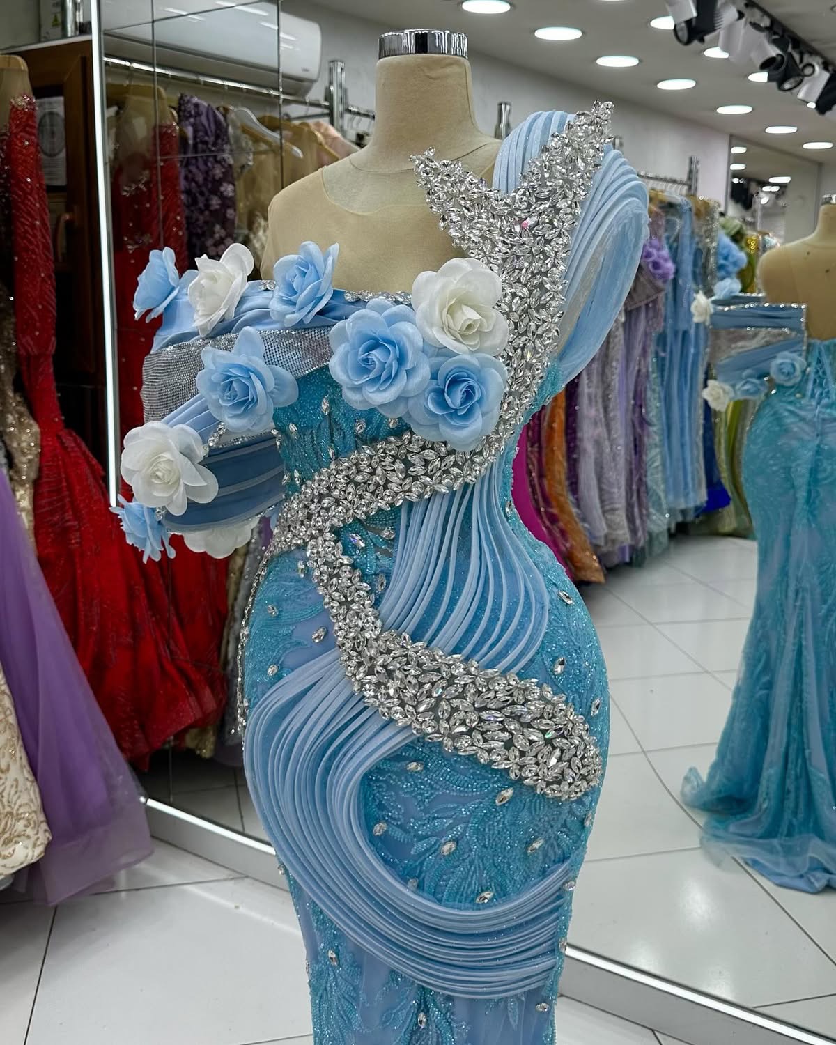 Sky Blue Mermaid Prom Dresses 2024 Rhinestones Flowers Lace Evening Formal Party Second Birthday Engagement Gowns Plus Size Dress For Special Occasion