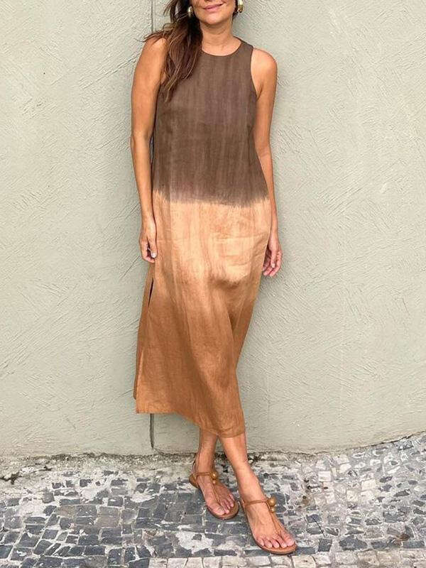 2024 Summer Women's Casual Sleeveless Split Gradient Color Long Dress