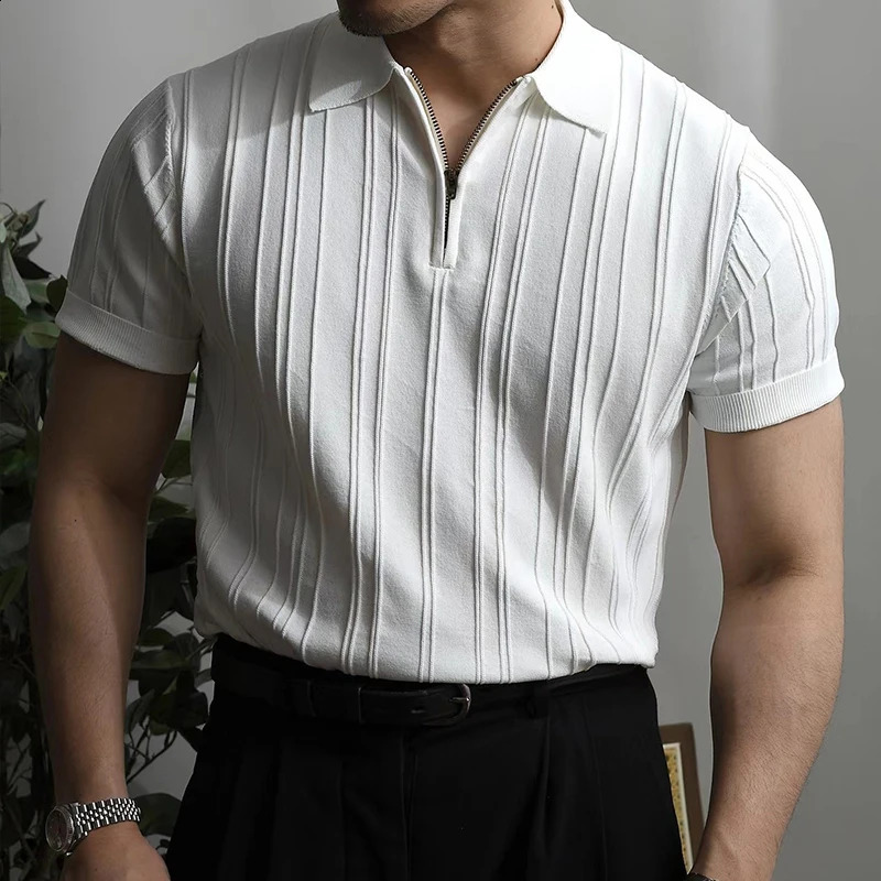 Mens casual zipper polo shirt solid color texture lapel breathable retro street light Korean pop Knitwear M-3XL 241203