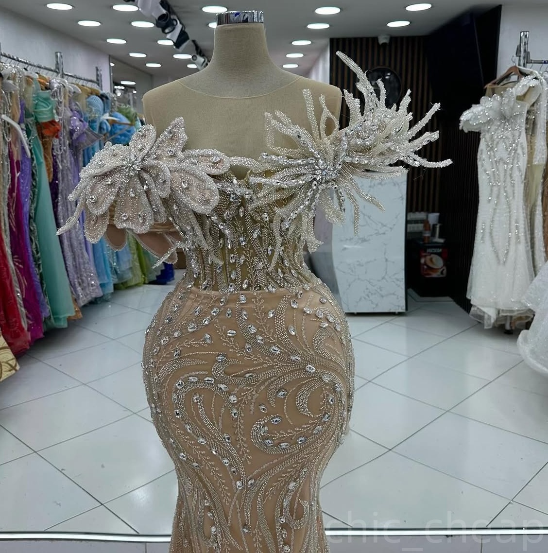 Champagne Illusion Mermaid Prom Dresses 2024 Florals Rhinestones Evening Formal Party Second Birthday Engagement Gowns Plus Size Dress For Special Occ