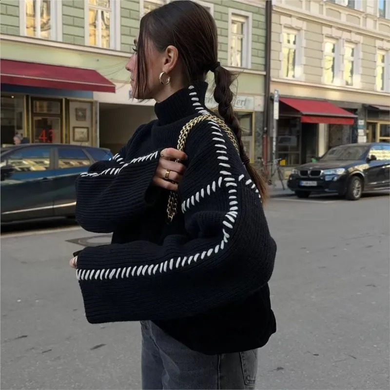 Autumn Womens Elegant O-neck Black and White Contrast Knitted Sweater Long Sleeve Polov Winter Patch Work Womens Coat 241202