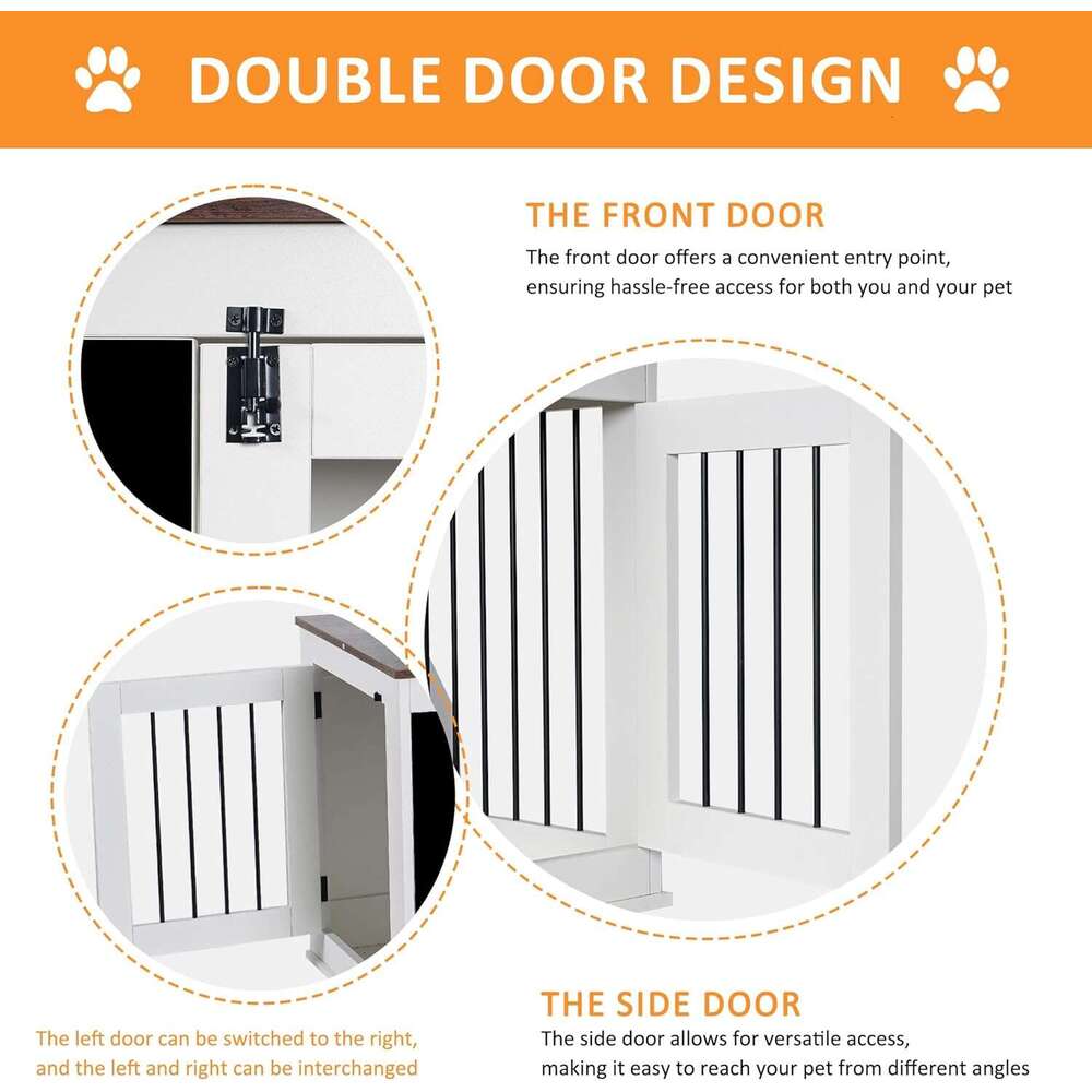 US STOCK DEJUUAN Wood with Graffiti Board Double Doors and Chewable Indoor Dog Crate for Be Used as TV Display Stand, Side Table, White