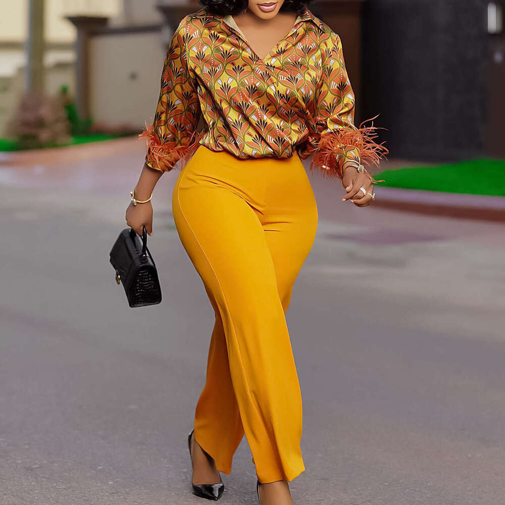 D541 women's printed long sleeved shirt with elegant temperament and wide leg pants fashion set