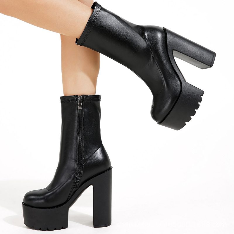 SZIE 43 Winter Chunky High Heels Platform Ankle Women Boots Stretch Fabric Round Toe Zipper Female Shoes