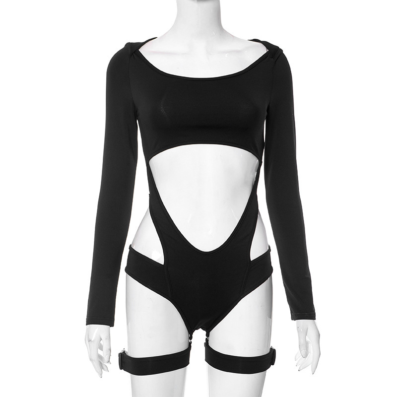 Women's Jumpsuits European style sexy personality hollow-out design sense zipper high neck long sleeve onesie