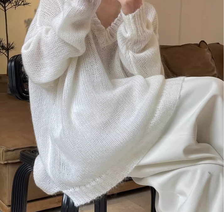 Women's Sweaters Autumn Warm Sweater Pullover With Big V-neck Simple And Loose Straight Tube Lazy Mohair Knitted Split Top