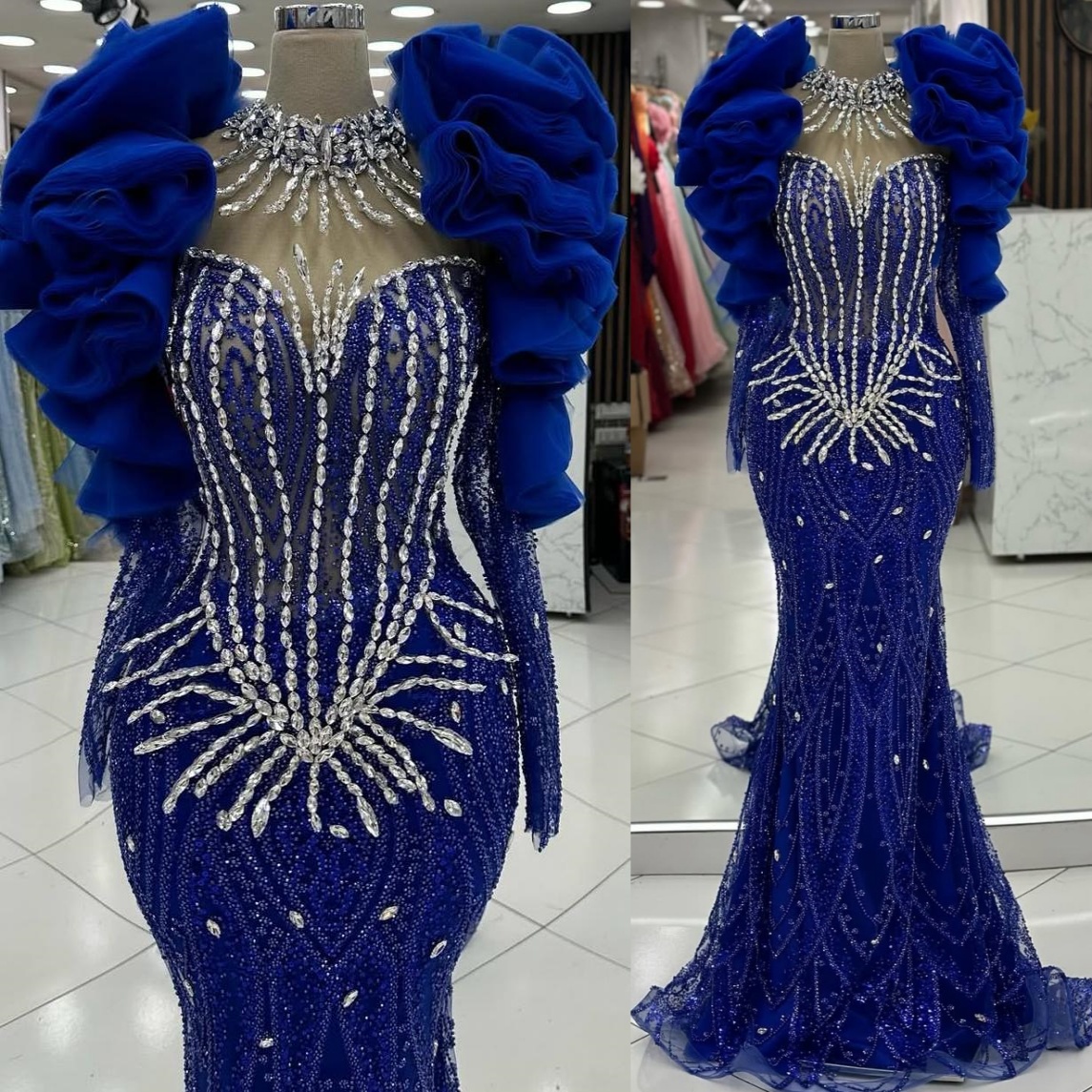 Royal Blue Mermaid Prom Dresses 2024 Rhinestones Full Sleeves Lace Evening Formal Party Second Birthday Engagement Gowns Plus Size Dress For Special O