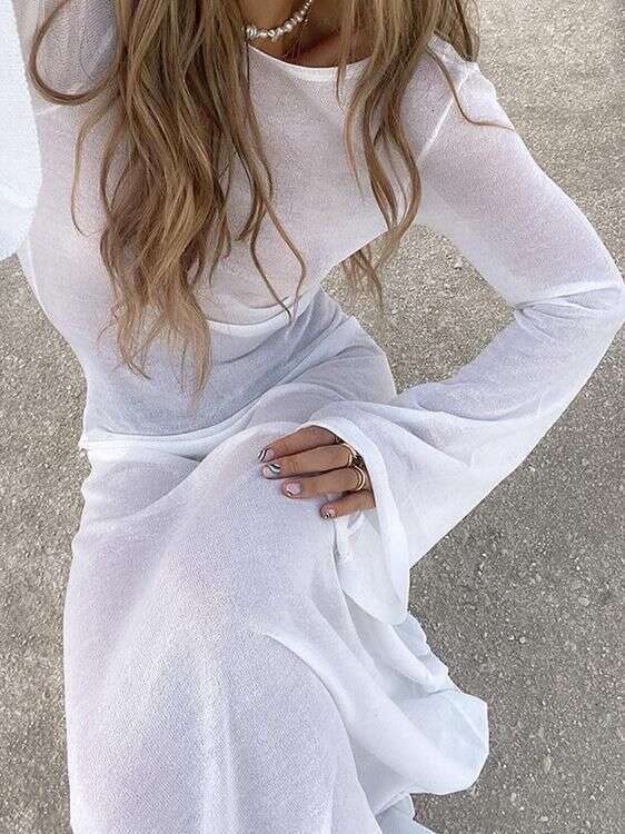 2023 summer new sexy backless sleeved see through mesh long dress