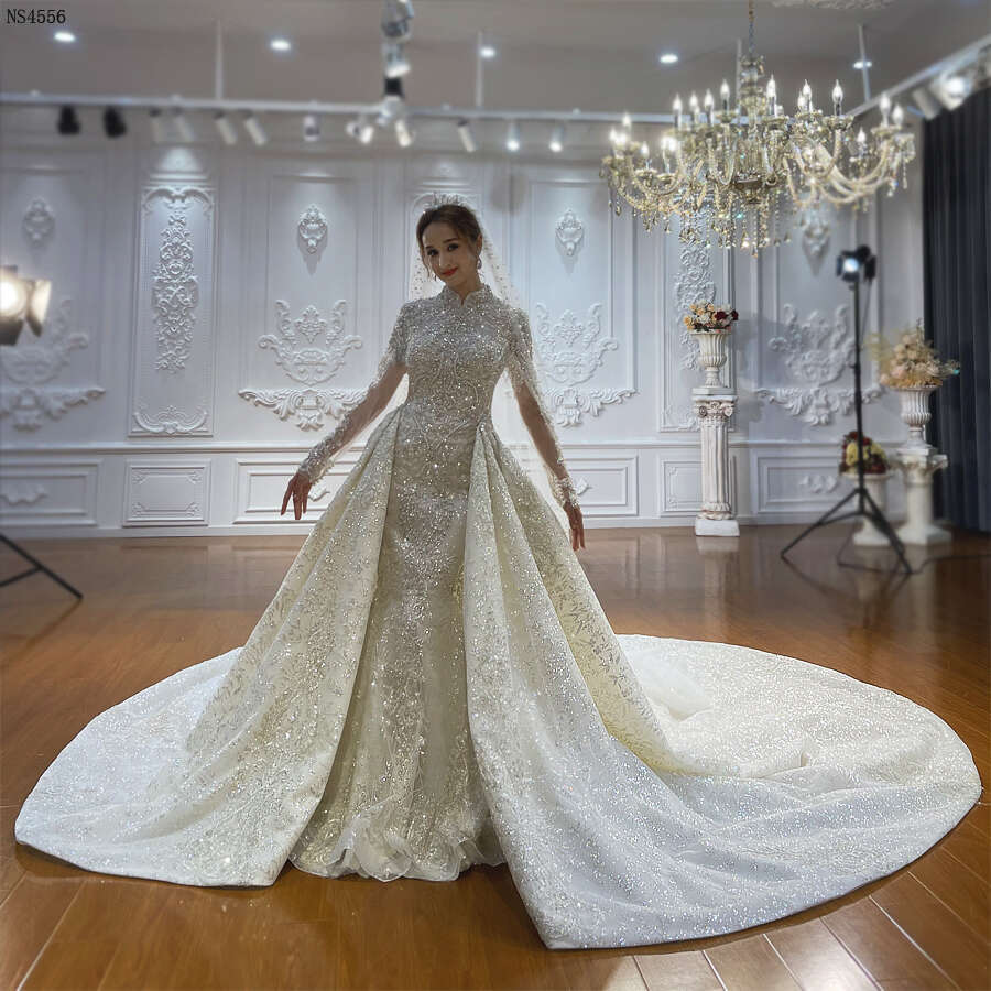 Customized High Neck Full Lace Cover 2 in 1 Wedding Dress Muslim