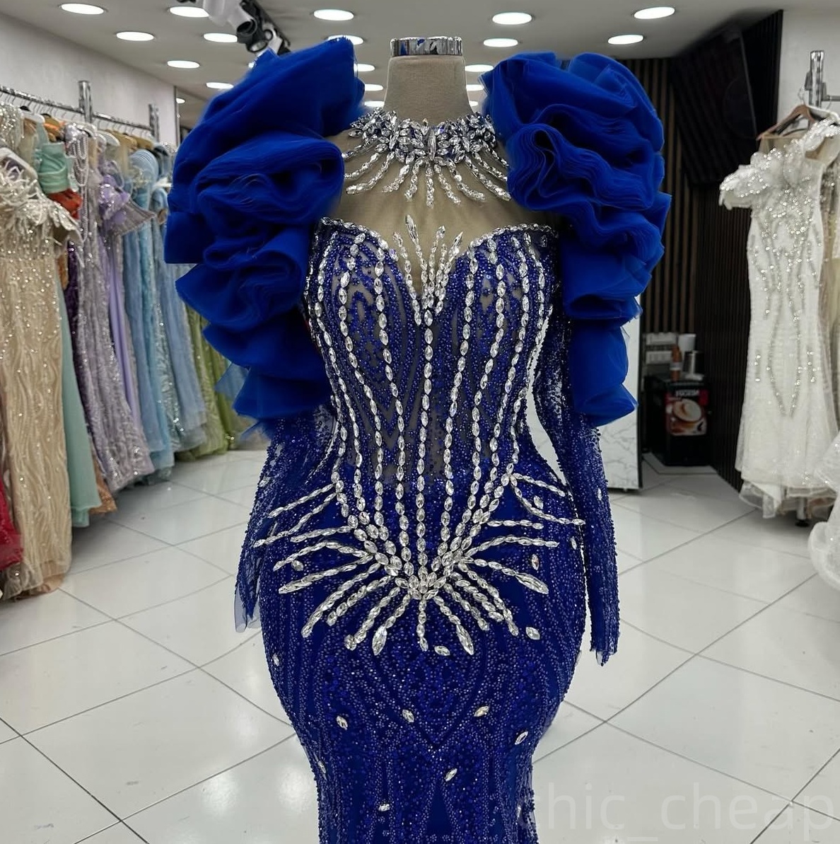 Royal Blue Mermaid Prom Dresses 2024 Rhinestones Full Sleeves Lace Evening Formal Party Second Birthday Engagement Gowns Plus Size Dress For Special O