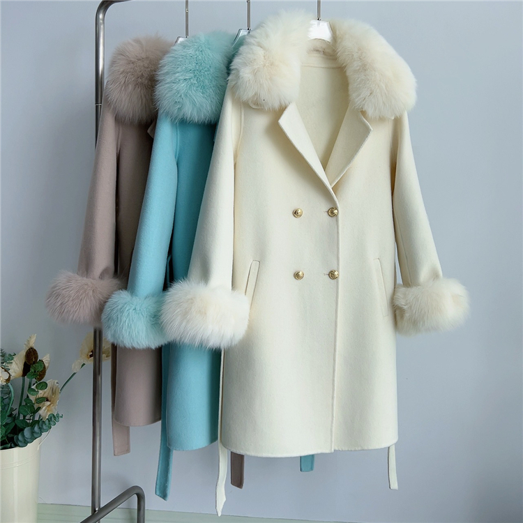 New autumn and winter fur coat for women double-sided woolen temperament woolen coat lace up double breasted fox fur collar 231026