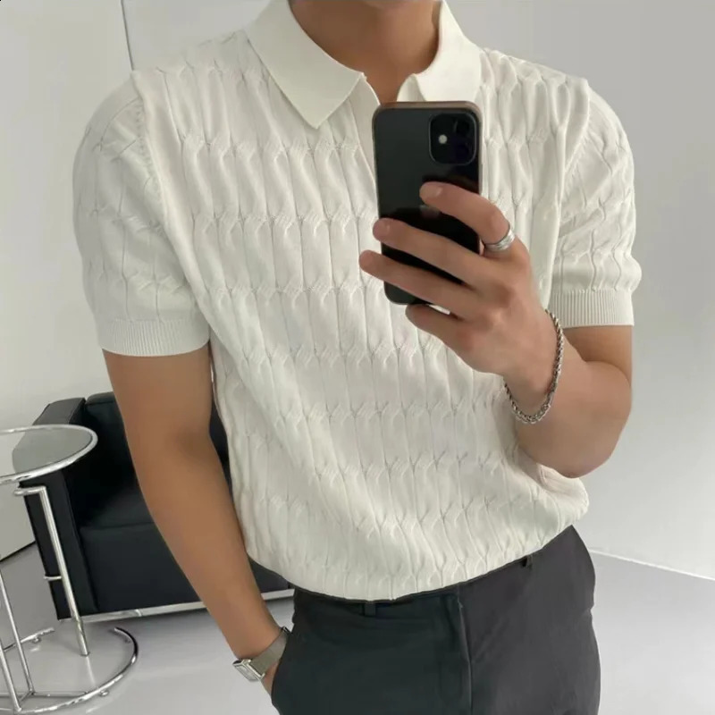 High quality simple cool breathable summer silk polo shirt fashionable casual mens collar knitted short sleeved top 241203