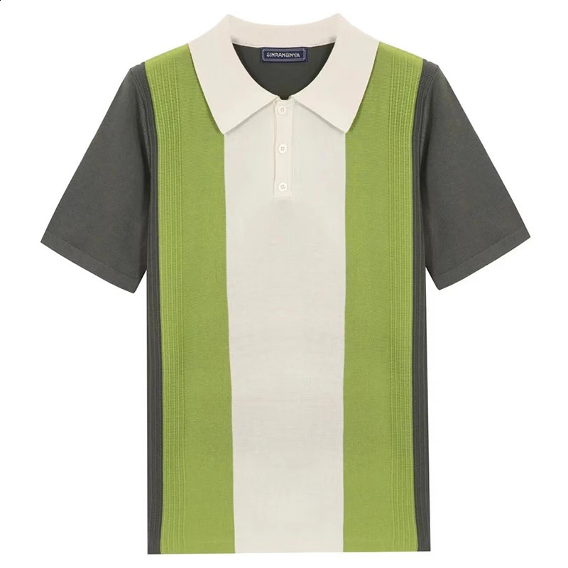 Summer Mens Knitted Short Sleeve Polo Shirt Retro Buckle Patch Work Fashion Business Casual Knitted 241203
