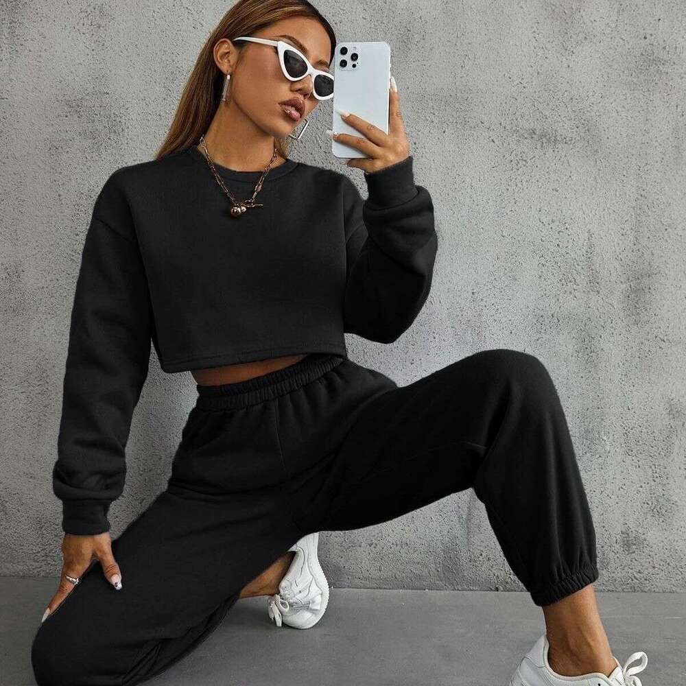 Autumn winter solid color round neck pullover pants, casual and fashionable long sleeved hoodie set, waffle new style