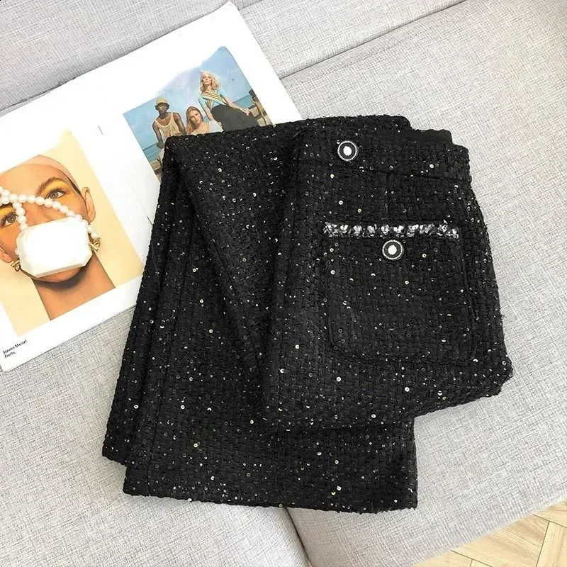 Temperament High Waist Slim Straight Wide Leg Pants Pantalones Mujer Black Tweed Cargo Sweatpants 241203 - view 5