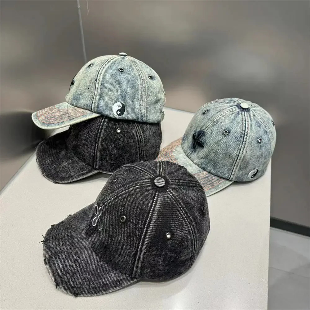 Flora Cheong Leens denim cross embroidered baseball cap in the same style female couple toe cap male Smfk torn Distressed hat 241203