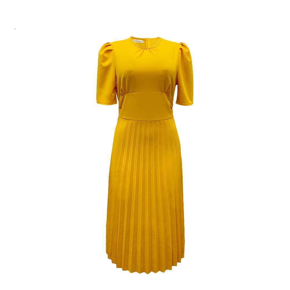 D2022024 Summer New Short Sleeve Pleated Solid Color Large Dress