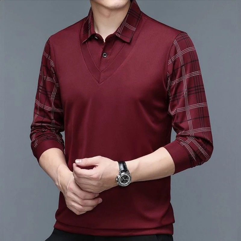 long sleeved polo mens T-shirt with loose collar and striped bottom fashionable and casual floral dress business button shirt 241203
