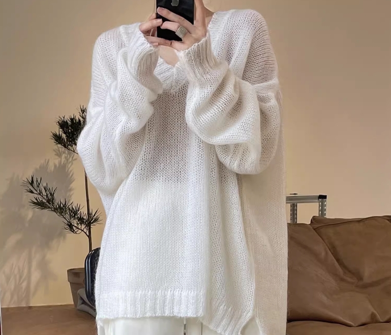 Women's Sweaters Autumn Warm Sweater Pullover With Big V-neck Simple And Loose Straight Tube Lazy Mohair Knitted Split Top
