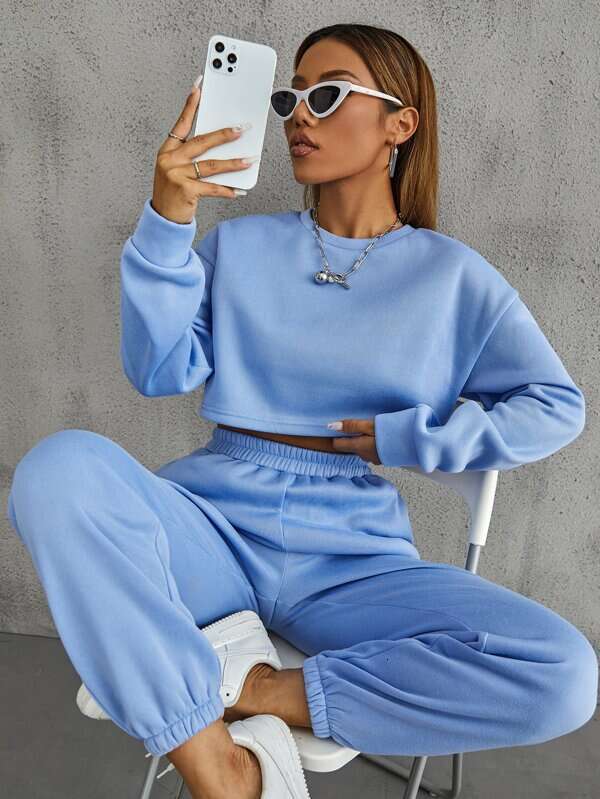 Autumn winter solid color round neck pullover pants, casual and fashionable long sleeved hoodie set, waffle new style