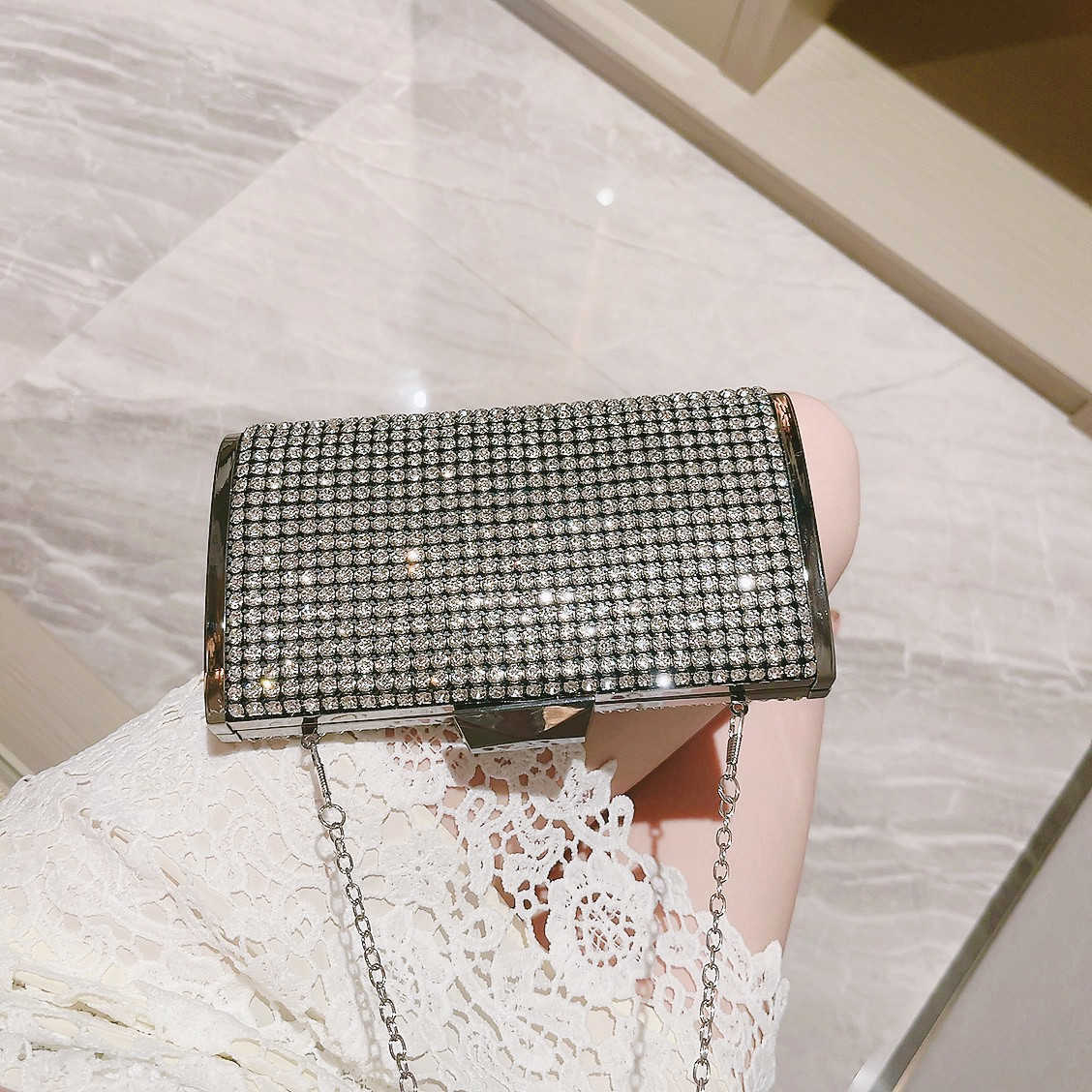 Socialite rhinestone dinner bag, fashionable full diamond small bag, formal dress small square bag, crossbody chain bag, banquet party bag