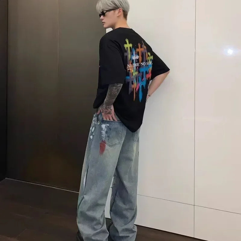 Autumn mens graffiti Y2K streetwear bag jeans hip-hop fashion tear blue jeans Trouser punk straight jeans pantalones hombre 241203