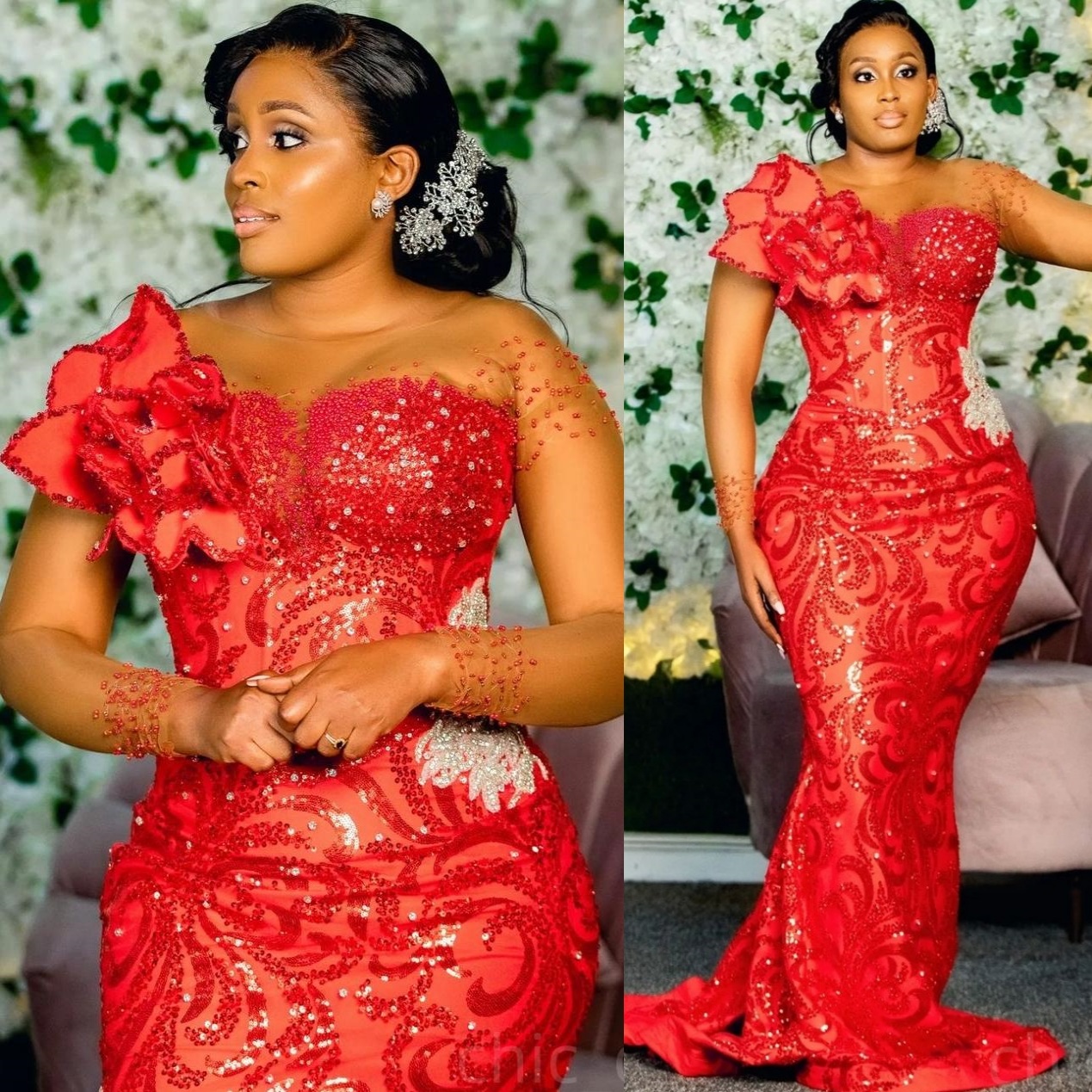 Red Mermaid Prom Dresses 2024 Rhinestones Florals Sequined Lace Evening Formal Party Second Birthday Engagement Gowns Plus Size Dress For Special Occa