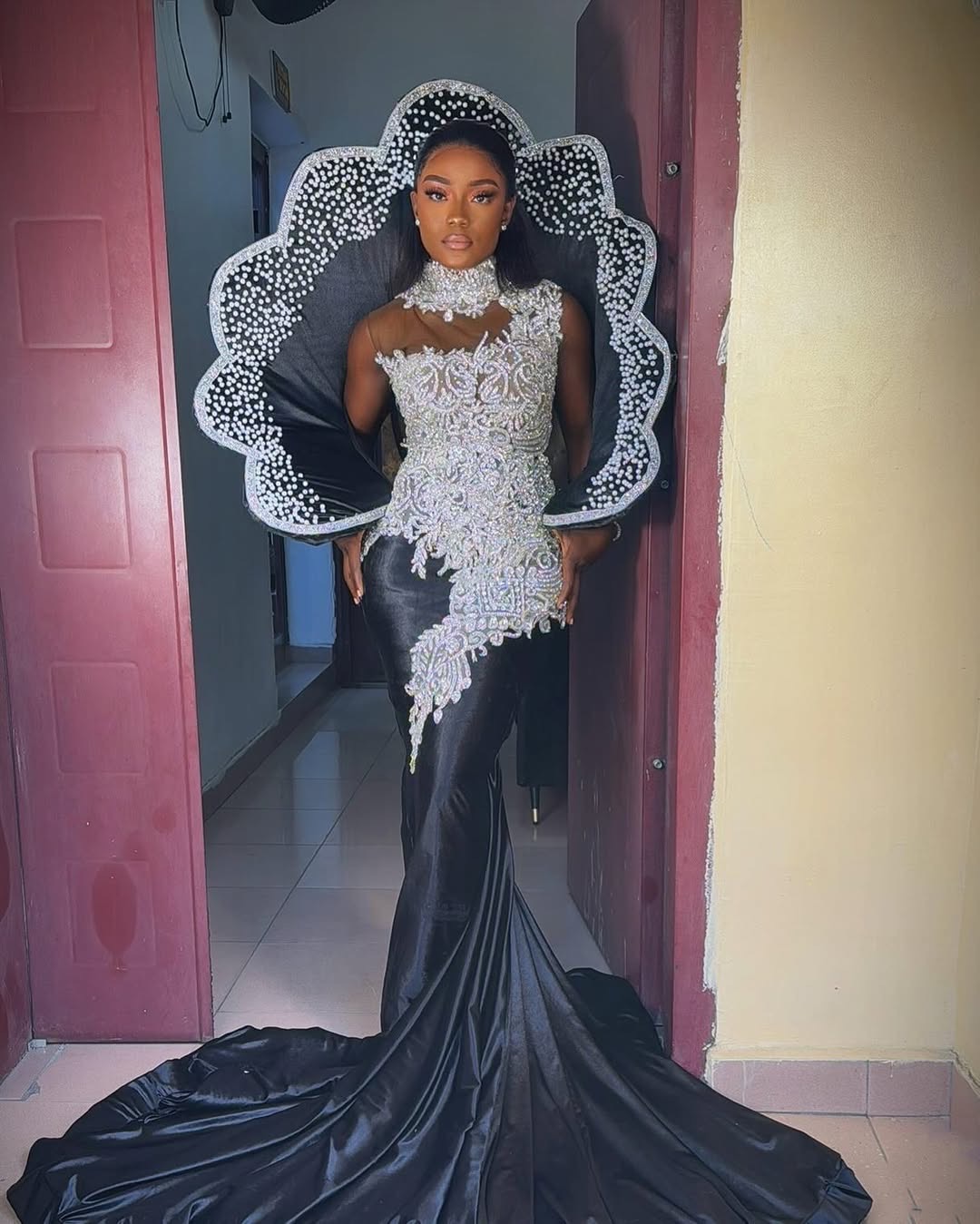 Black Mermaid Prom Dresses 2024 Pearls Beaded Lace Satin Stylish Evening Formal Party Second Birthday Engagement Gowns Plus Size Dress For Special Occ